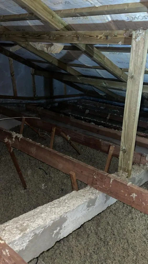 Avant isolation : charpente et couverture nues, chantier d'isolation de toiture à Lamentin