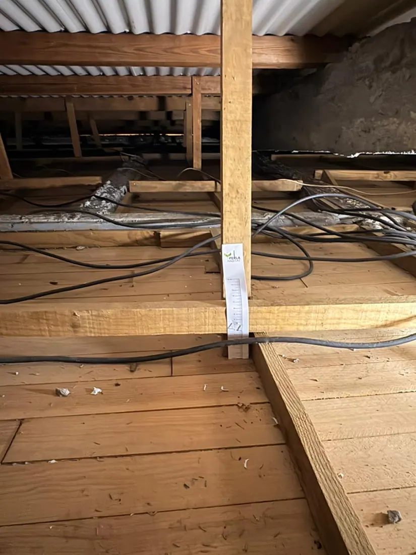 Avant isolation : charpente et couverture nues, chantier d'isolation de toiture à Vauclin