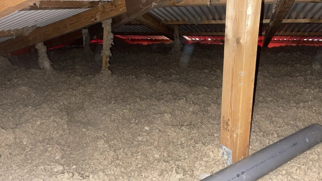 Avant isolation : charpente et couverture nues, chantier d'isolation de toiture à Terre-de-Bas