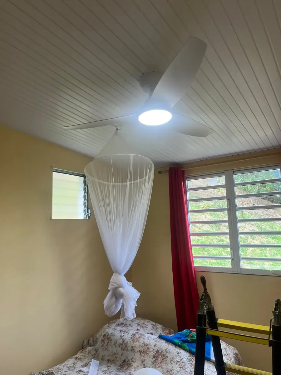 Après l'installation d'un brasseur d'air par Mes Primes Rénovations : une chambre équipée d'une moustiquaire